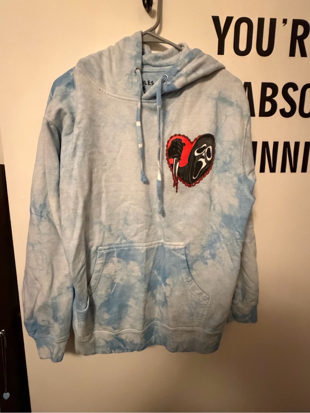 Love Kills Light Blue Tie-Dye Hoodie with Heart Mask Patch